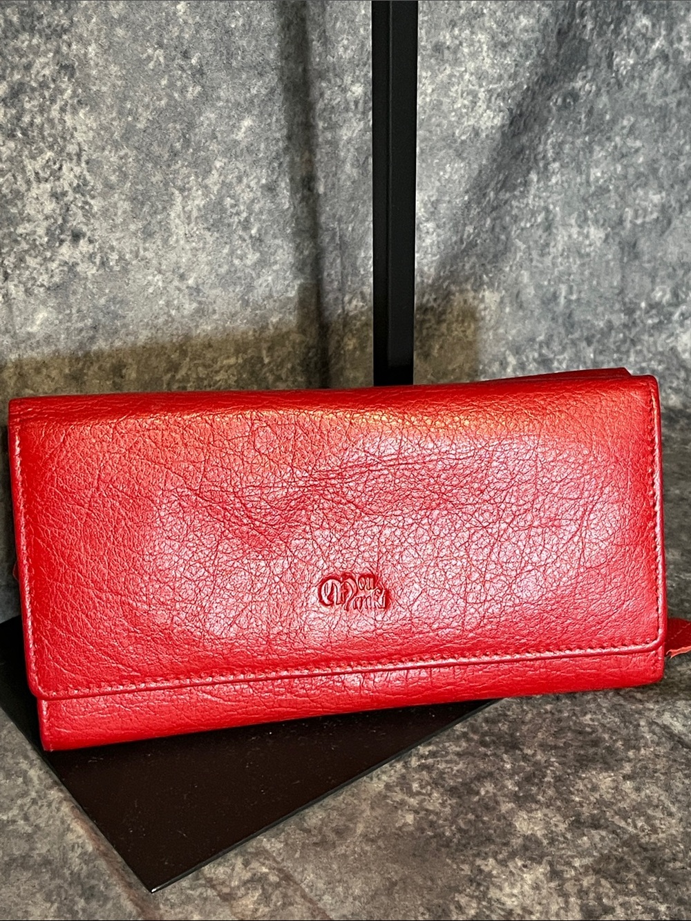 Red Leather Long Wallet with Embossed Logo